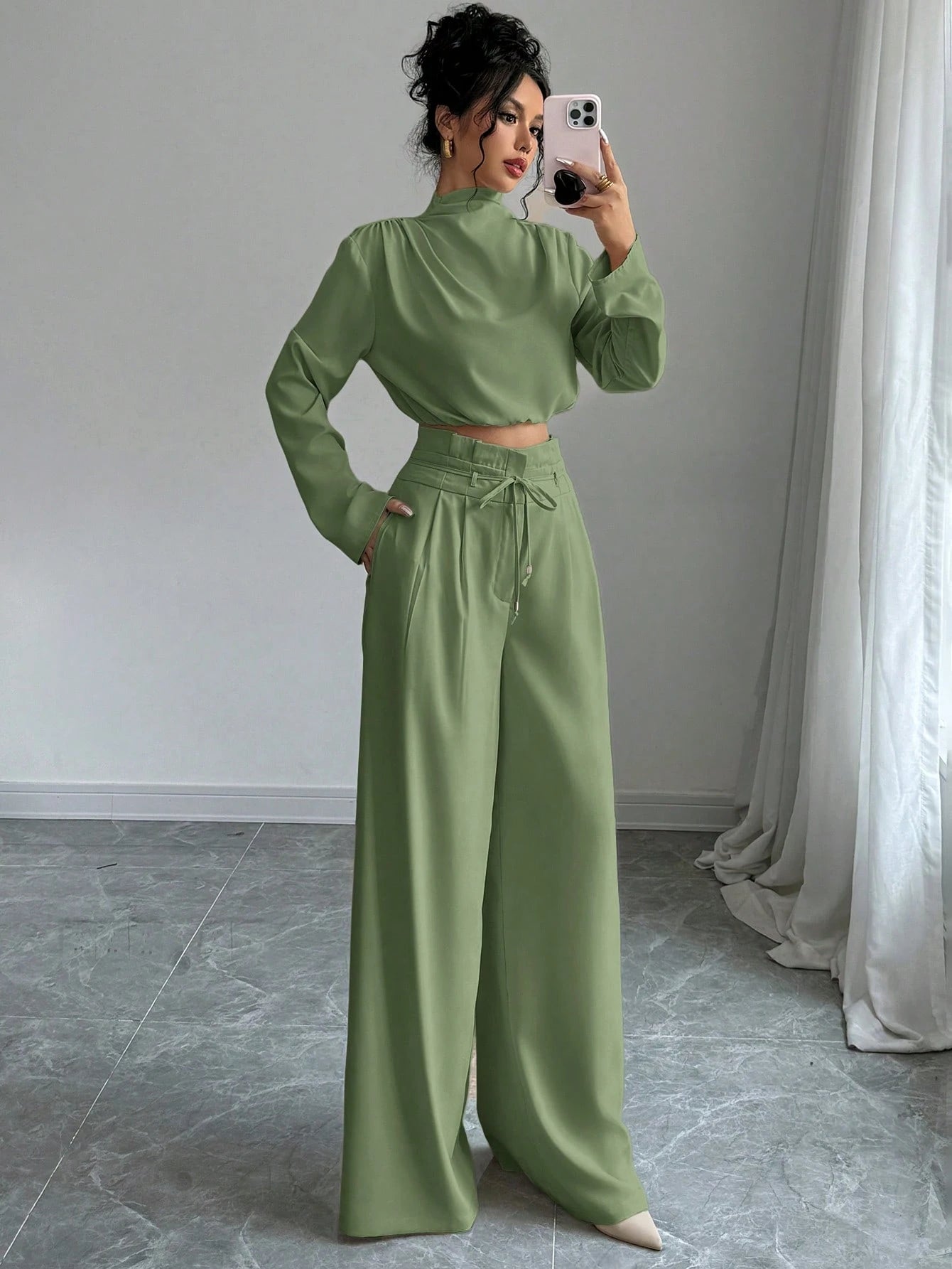Firerie Women's Elegant Stacked Collar Shirt Top And Wide Leg Trousers shein