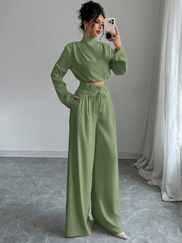 Firerie Women's Elegant Stacked Collar Shirt Top And Wide Leg Trousers