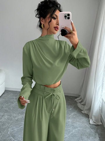 Firerie Women's Elegant Stacked Collar Shirt Top And Wide Leg Trousers
