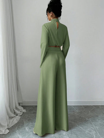 Firerie Women's Elegant Stacked Collar Shirt Top And Wide Leg Trousers