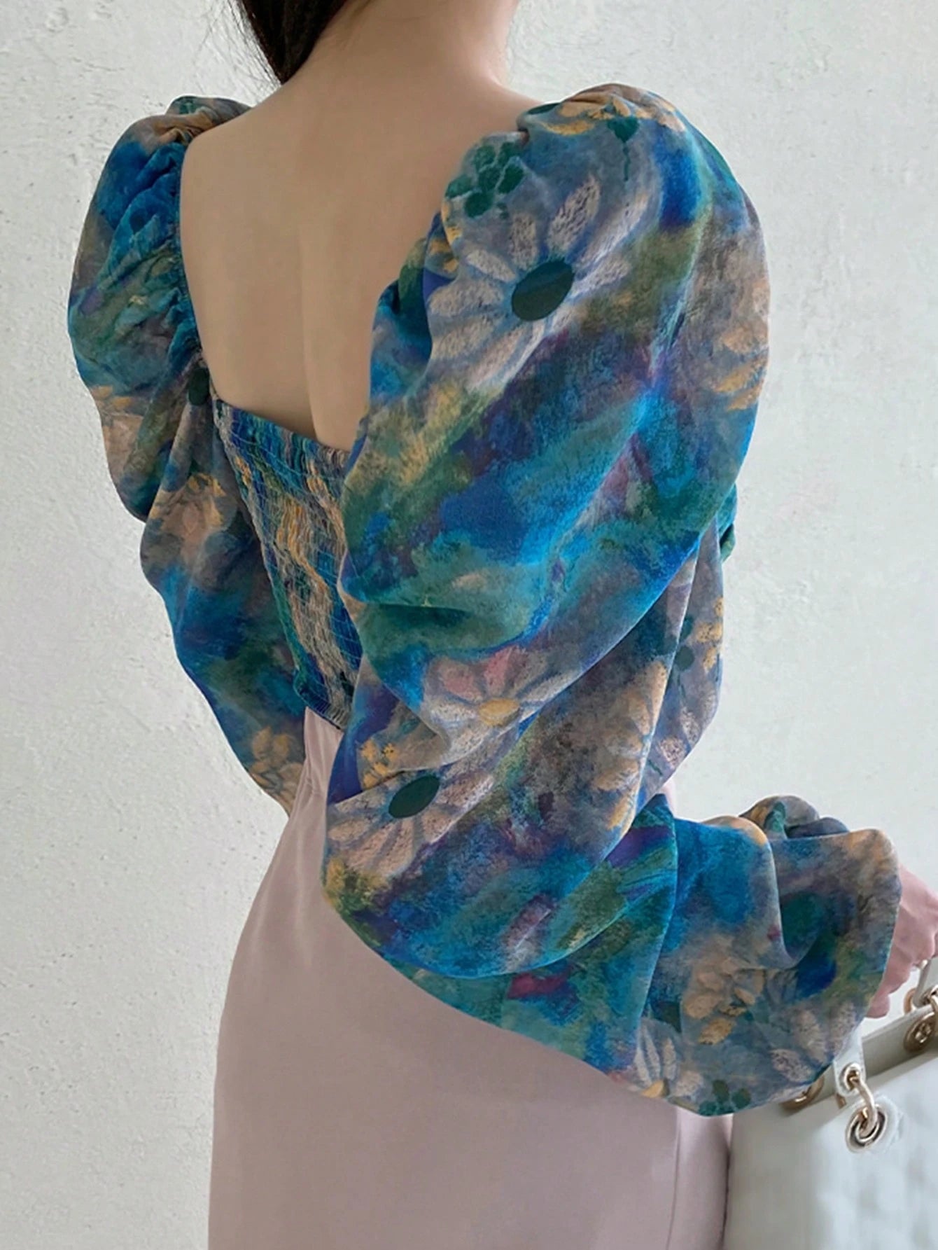 DAZY Women's Floral Print Square Neck Collar Stretchy Tight-Fitting Puff Sleeve Blouse shein