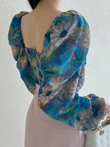 DAZY Women's Floral Print Square Neck Collar Stretchy Tight-Fitting Puff Sleeve Blouse