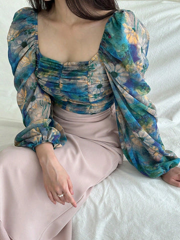 DAZY Women's Floral Print Square Neck Collar Stretchy Tight-Fitting Puff Sleeve Blouse