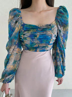 DAZY Women's Floral Print Square Neck Collar Stretchy Tight-Fitting Puff Sleeve Blouse shein