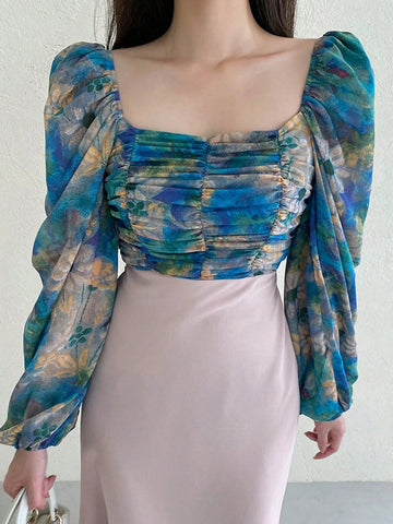 DAZY Women's Floral Print Square Neck Collar Stretchy Tight-Fitting Puff Sleeve Blouse