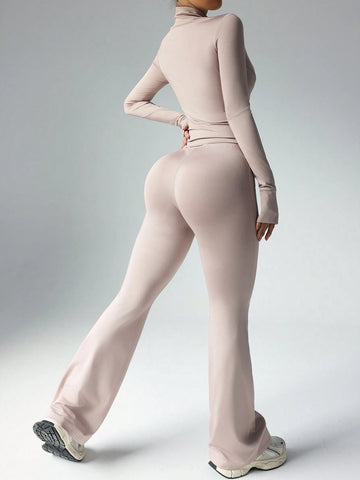 Women's Solid Color Long Sleeve Top And Long Pants Slim Fit Sports Suit