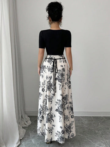 Raffinéa Women Elegant Slim Fit Square Neck Short Sleeve Waist Tie Splicing Chinese Style Printed Dress