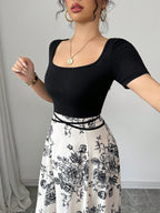 Raffinéa Women Elegant Slim Fit Square Neck Short Sleeve Waist Tie Splicing Chinese Style Printed Dress shein