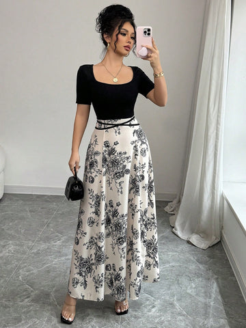 Raffinéa Women Elegant Slim Fit Square Neck Short Sleeve Waist Tie Splicing Chinese Style Printed Dress