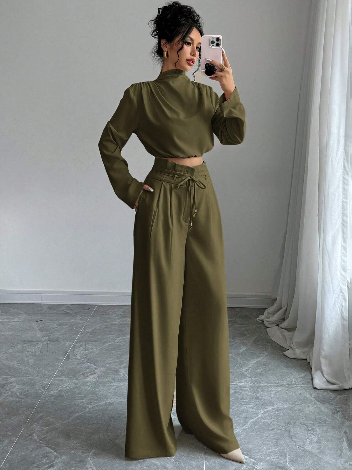 Firerie Women's Elegant Stacked Collar Shirt Top And Wide Leg Trousers shein
