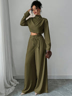 Firerie Women's Elegant Stacked Collar Shirt Top And Wide Leg Trousers shein