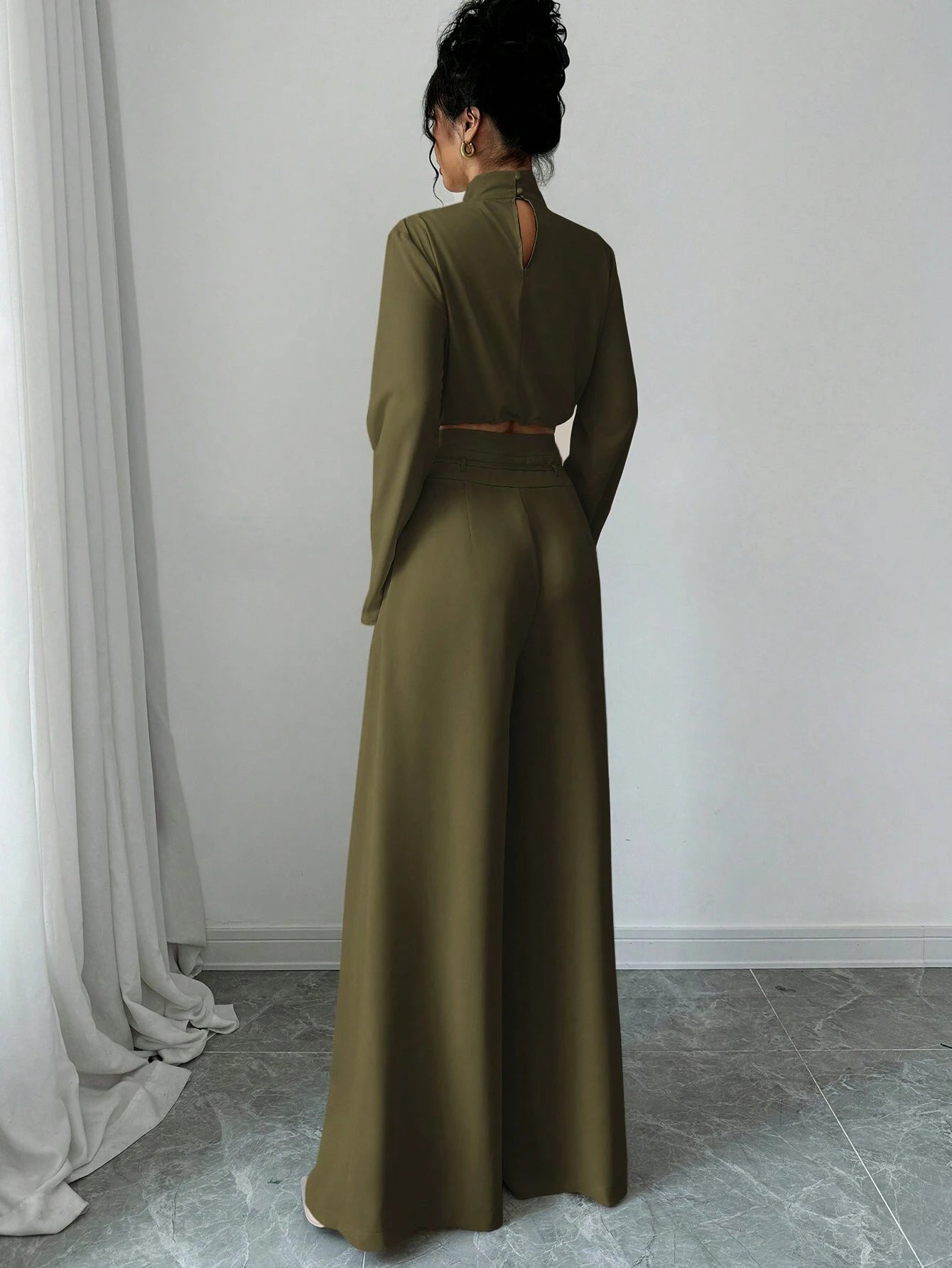 Firerie Women's Elegant Stacked Collar Shirt Top And Wide Leg Trousers shein
