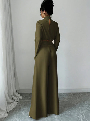 Firerie Women's Elegant Stacked Collar Shirt Top And Wide Leg Trousers