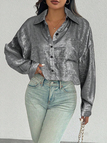 ChicEase Women Plain Button Front Long Sleeve Pocket Casual Shirt
