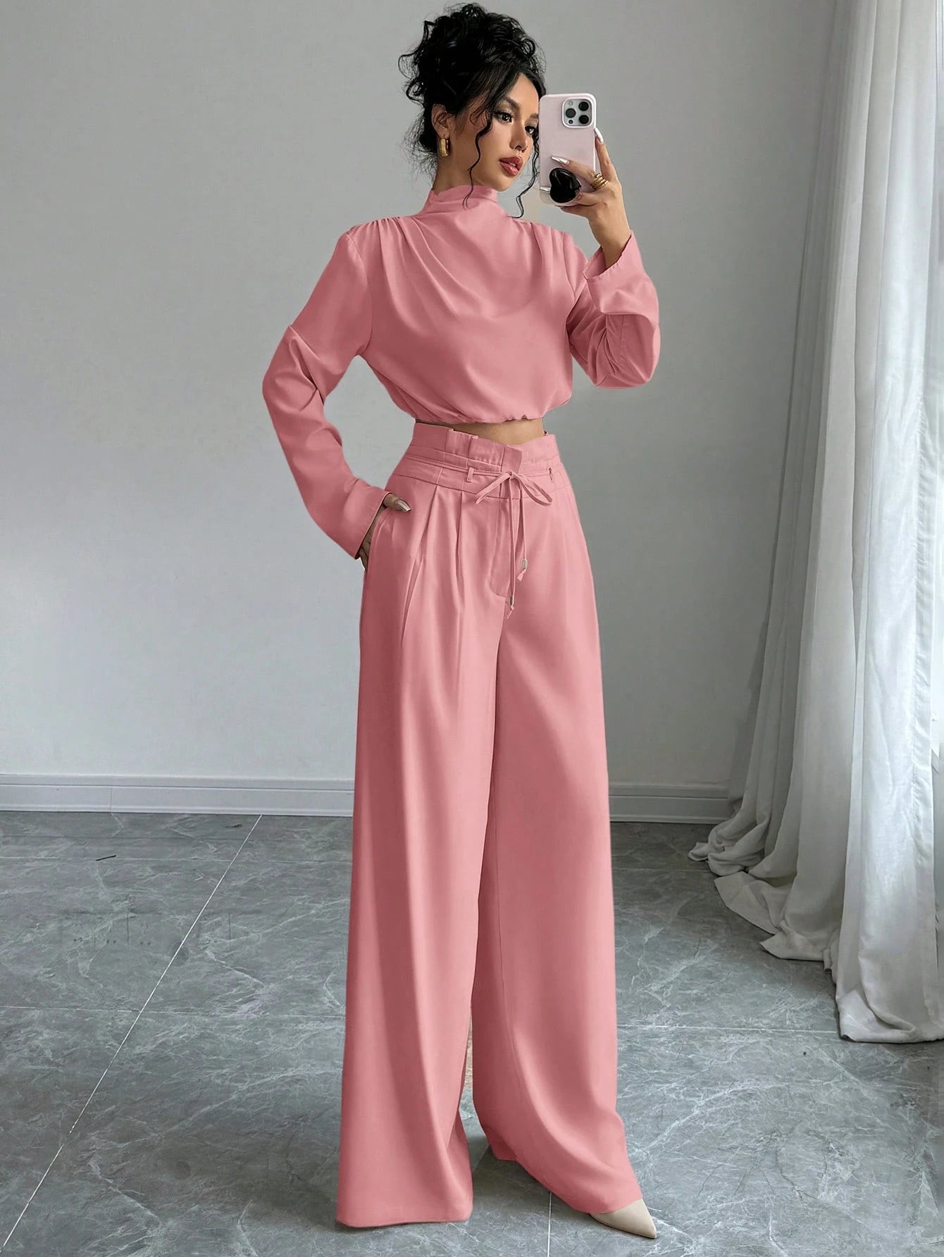 Firerie Women's Elegant Stacked Collar Shirt Top And Wide Leg Trousers shein