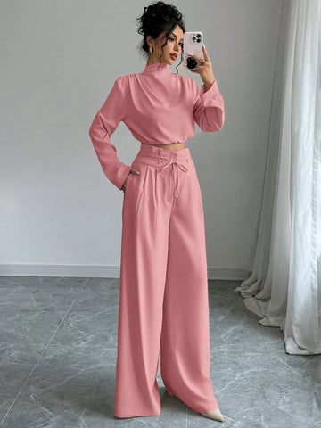 Firerie Women's Elegant Stacked Collar Shirt Top And Wide Leg Trousers