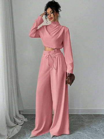 Firerie Women's Elegant Stacked Collar Shirt Top And Wide Leg Trousers