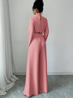 Firerie Women's Elegant Stacked Collar Shirt Top And Wide Leg Trousers shein