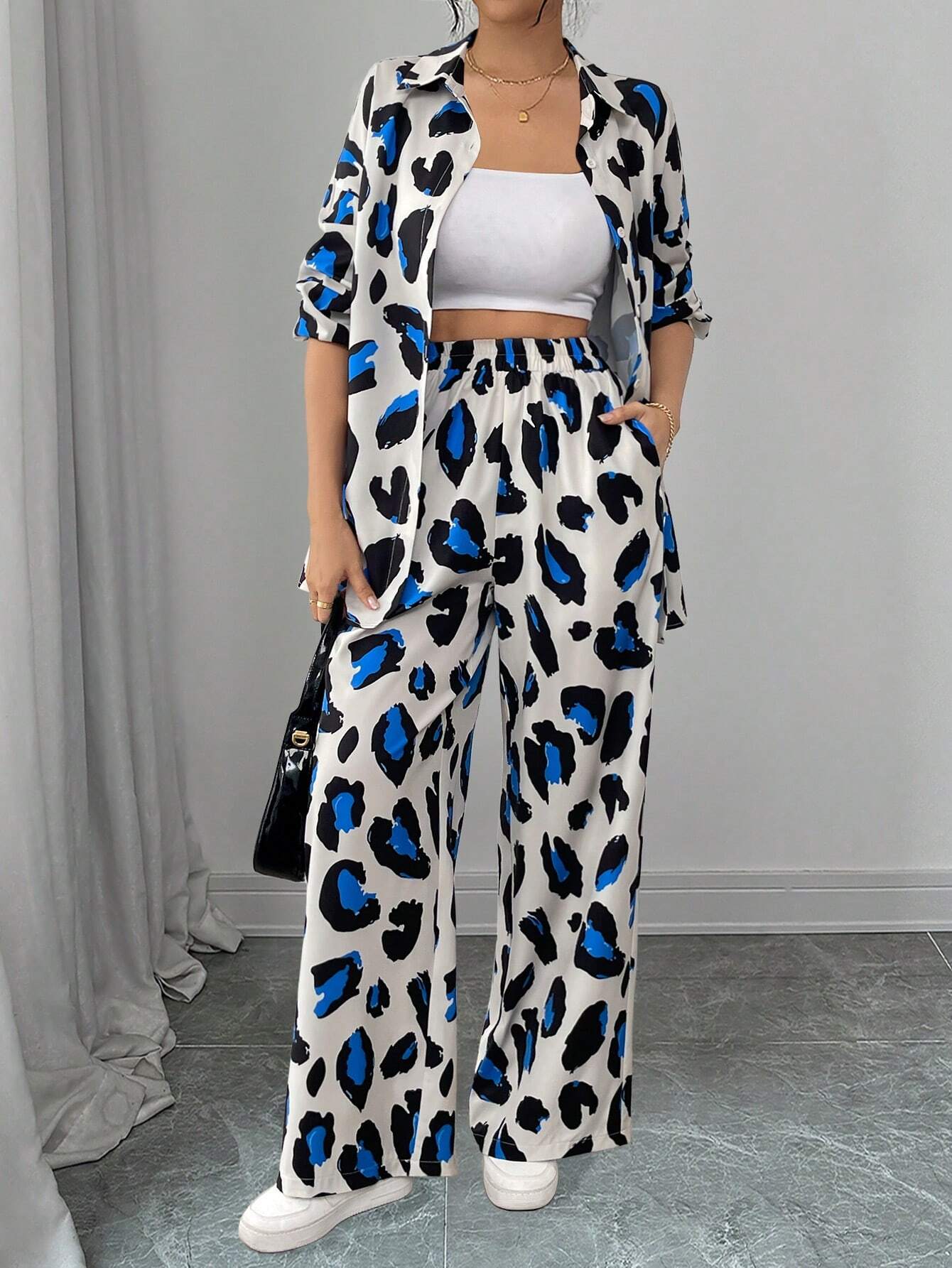 Women Casual Leopard Print Shirt And Pants Set shein