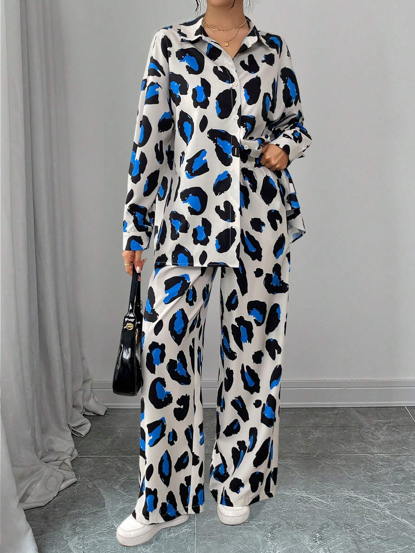 Women Casual Leopard Print Shirt And Pants Set shein
