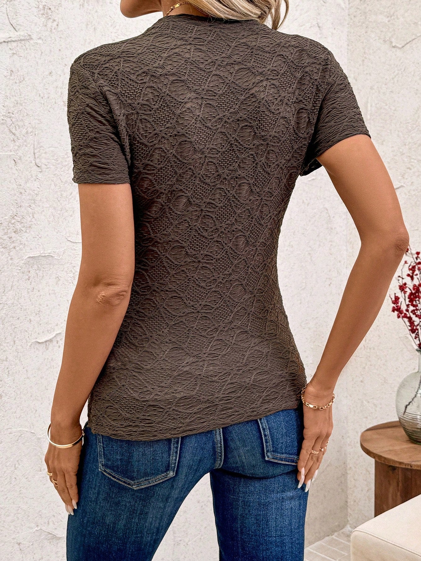 Clasi Houndstooth Print Short Sleeve Knit T-Shirt shein