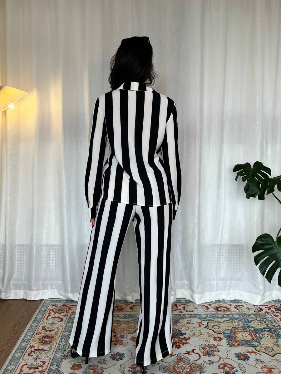 2pcs Women French Elegant Stripe Long Sleeve Buttoned Shirt And Wide Leg Pants shein