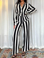 2pcs Women French Elegant Stripe Long Sleeve Buttoned Shirt And Wide Leg Pants shein