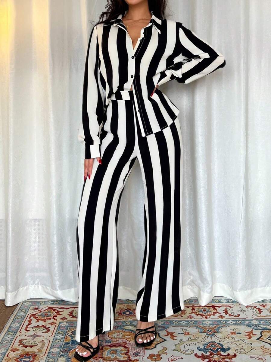 2pcs Women French Elegant Stripe Long Sleeve Buttoned Shirt And Wide Leg Pants shein