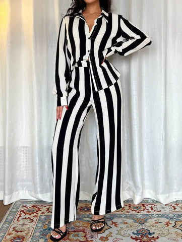 2pcs Women French Elegant Stripe Long Sleeve Buttoned Shirt And Wide Leg Pants