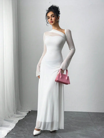 Women's Black Mesh Slim Long-Sleeved Dress
