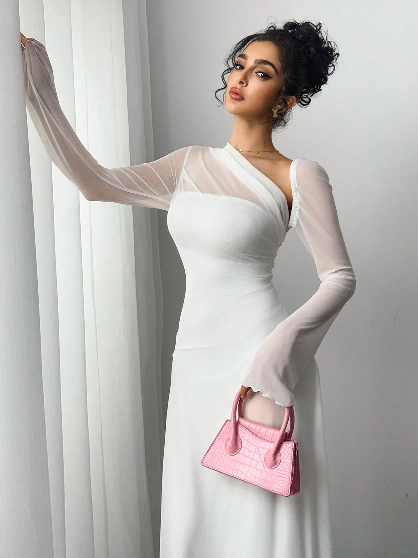 Women's Black Mesh Slim Long-Sleeved Dress shein