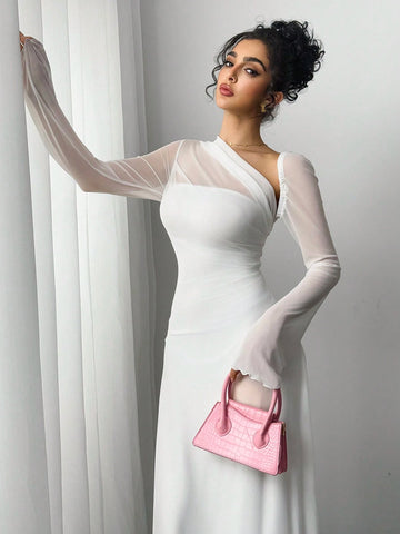 Women's Black Mesh Slim Long-Sleeved Dress
