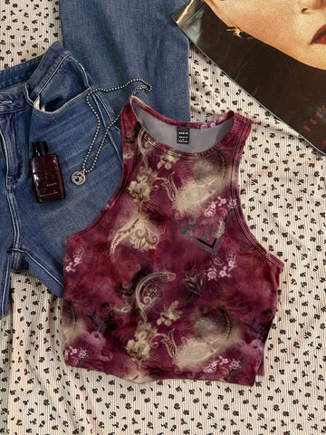 EZwear Women's Cherry Pattern Casual Simple Slim Fit Crop Tank Top