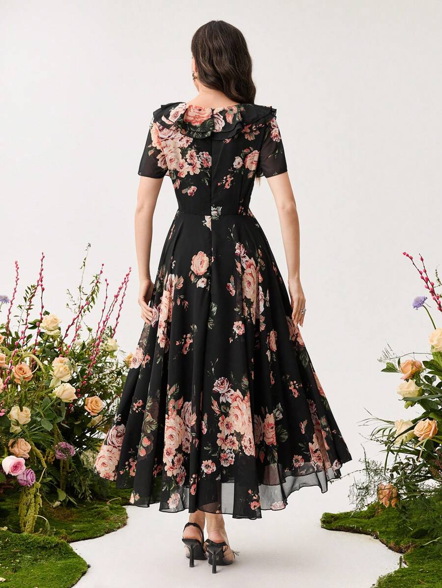 Modelyn Ruffle Hem Floral Print Fitted Chiffon Dress shein