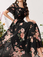 Modelyn Ruffle Hem Floral Print Fitted Chiffon Dress shein