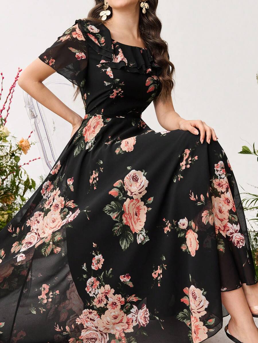 Modelyn Ruffle Hem Floral Print Fitted Chiffon Dress shein