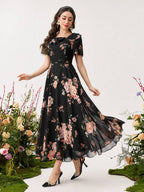 Modelyn Ruffle Hem Floral Print Fitted Chiffon Dress shein