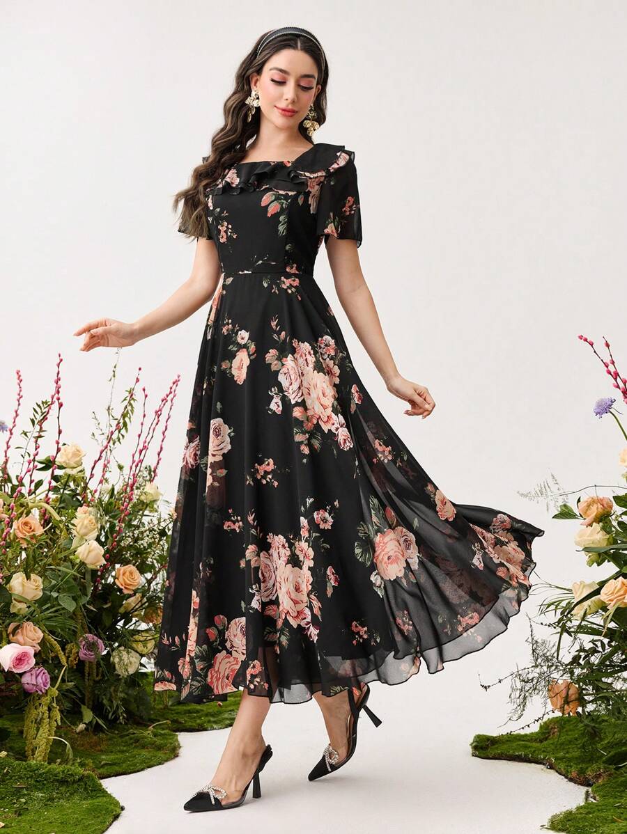 Modelyn Ruffle Hem Floral Print Fitted Chiffon Dress shein