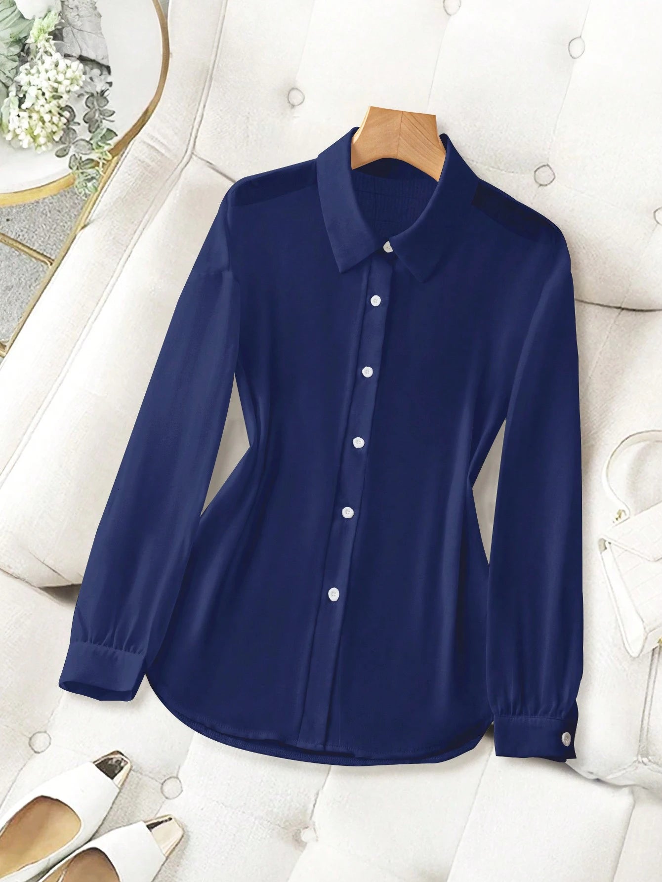 ChicEase Basic Transparent Plain Simple Collared Shirt shein