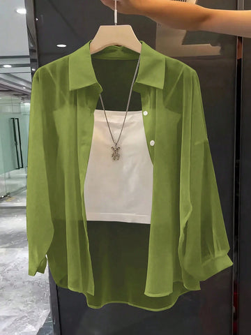 ChicEase Basic Transparent Plain Simple Collared Shirt