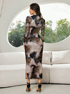 Modelyn Women's Tie-Dye Print Stand Collar Long Sleeve Pleated Fitted Long Dress shein