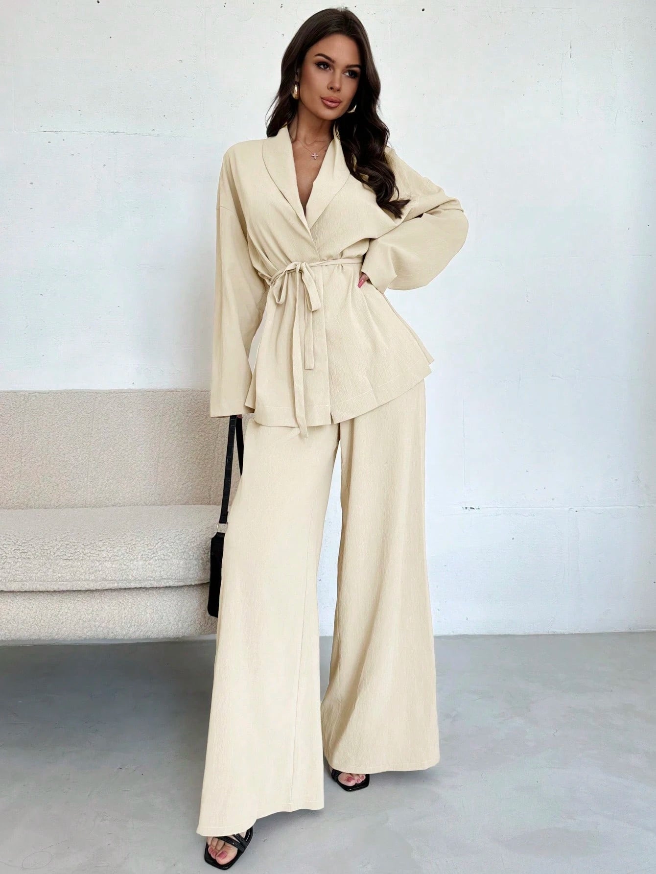 Women Collar Tie Waist Loose Shacket With High Waist Soft Pants shein