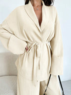 Women Collar Tie Waist Loose Shacket With High Waist Soft Pants shein