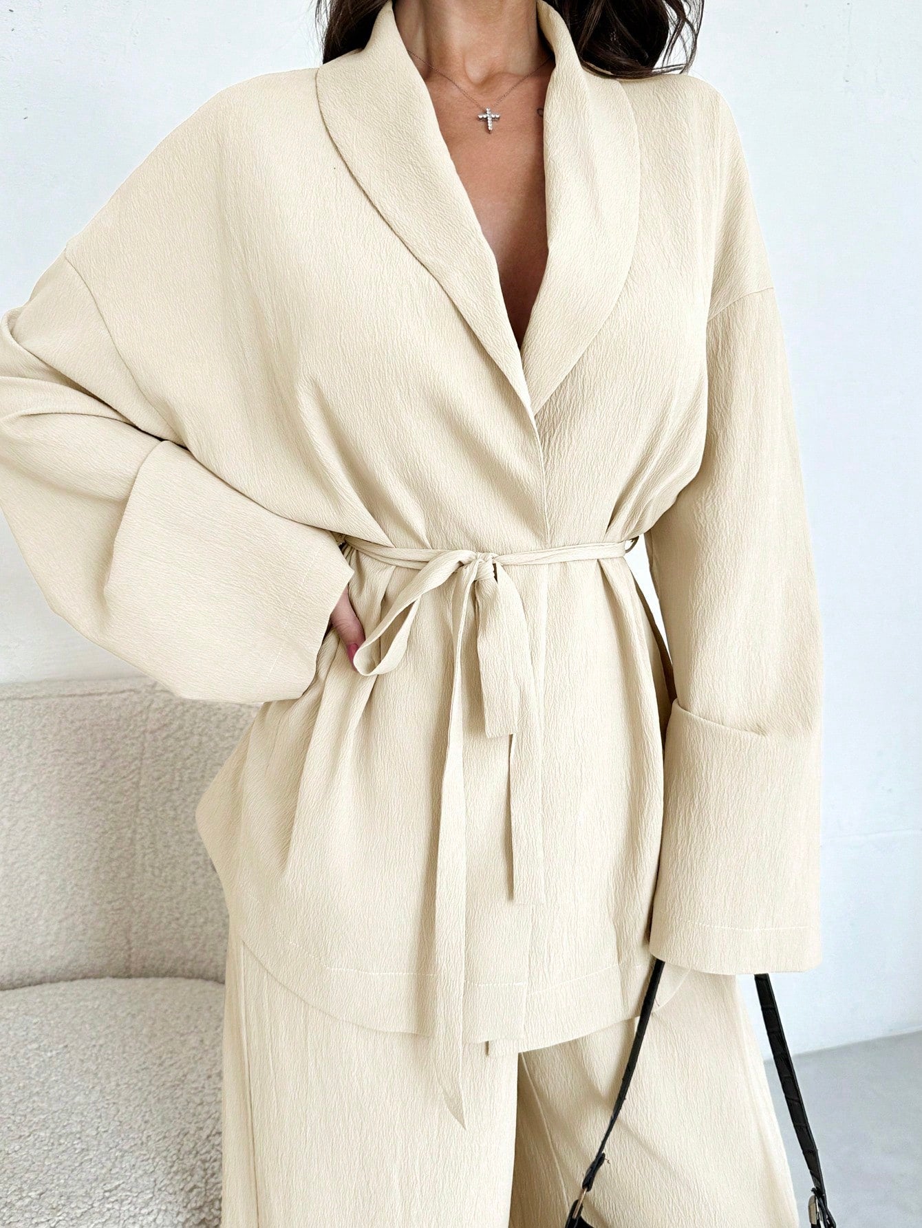 Women Collar Tie Waist Loose Shacket With High Waist Soft Pants shein