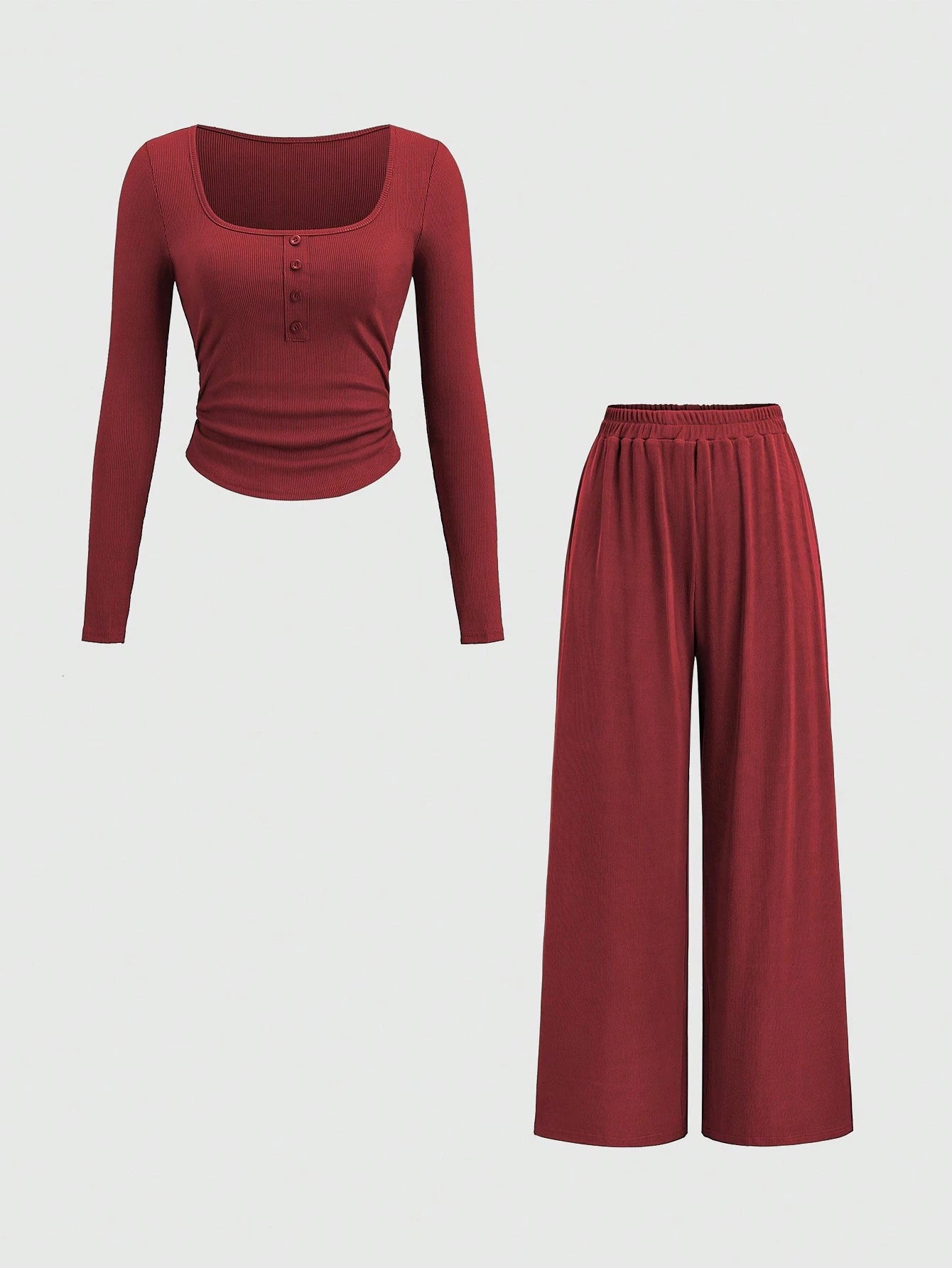 Fine Ribbed Crew Neck Button Top & Elastic Waist Straight Leg Pants shein