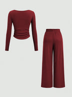 Fine Ribbed Crew Neck Button Top & Elastic Waist Straight Leg Pants shein