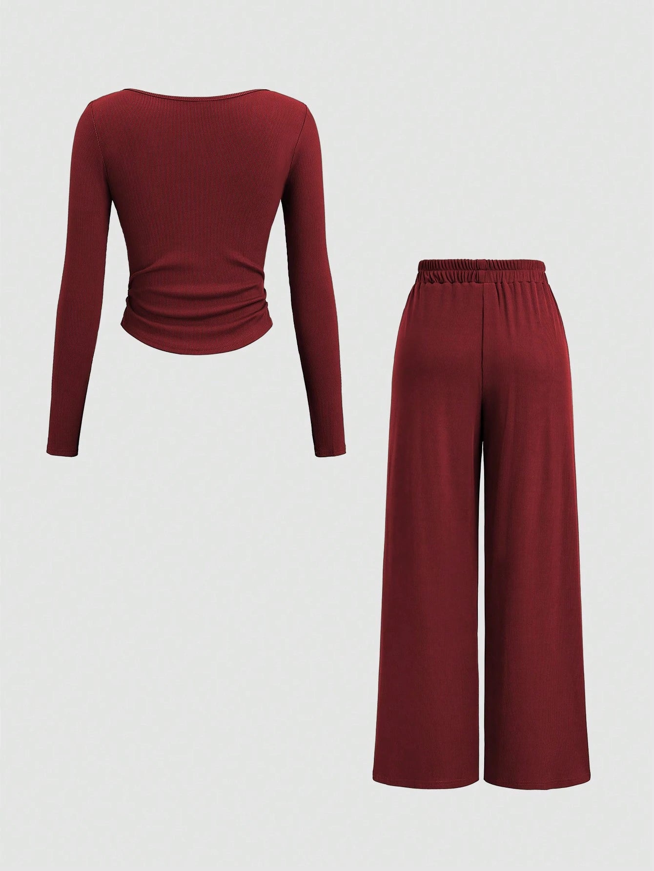 Fine Ribbed Crew Neck Button Top & Elastic Waist Straight Leg Pants shein