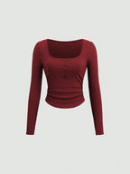 Fine Ribbed Crew Neck Button Top & Elastic Waist Straight Leg Pants shein