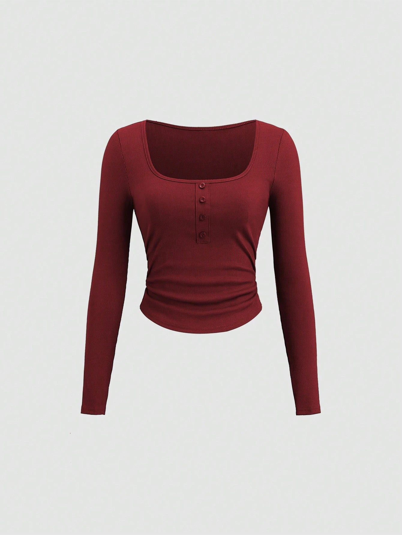 Fine Ribbed Crew Neck Button Top & Elastic Waist Straight Leg Pants shein