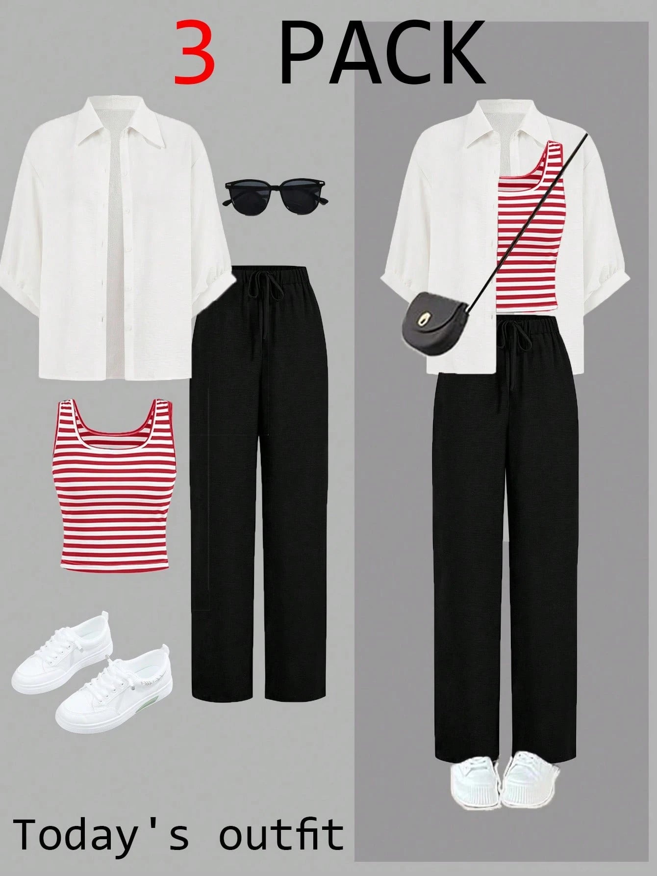 Luneh Square Neck Fitted Crop Top With Elastic Waist Bowknot Belt And Wide-Leg Pants + Vintage Leopard Print Button-Up Shirt shein